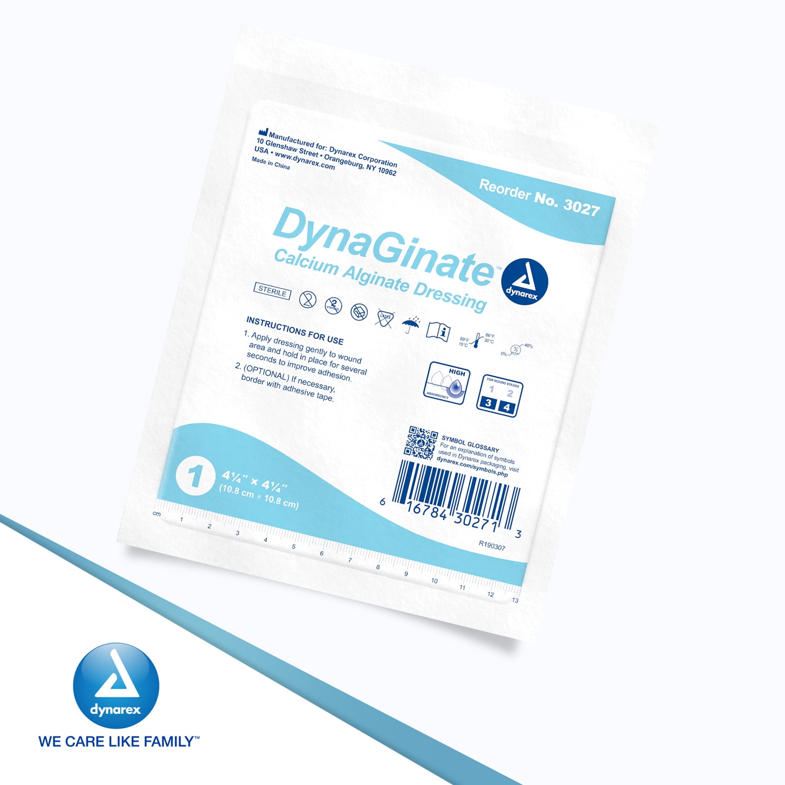 Dynarex DynaGinate Calcium Alginate Wound Dressing - Sterile, Non-Stick Topical Wound Pads - Absorbent Gel Patches For Moderate To High Exuding Cuts - For Medical & Home Use - 4.25"x 4.25", Box of 10