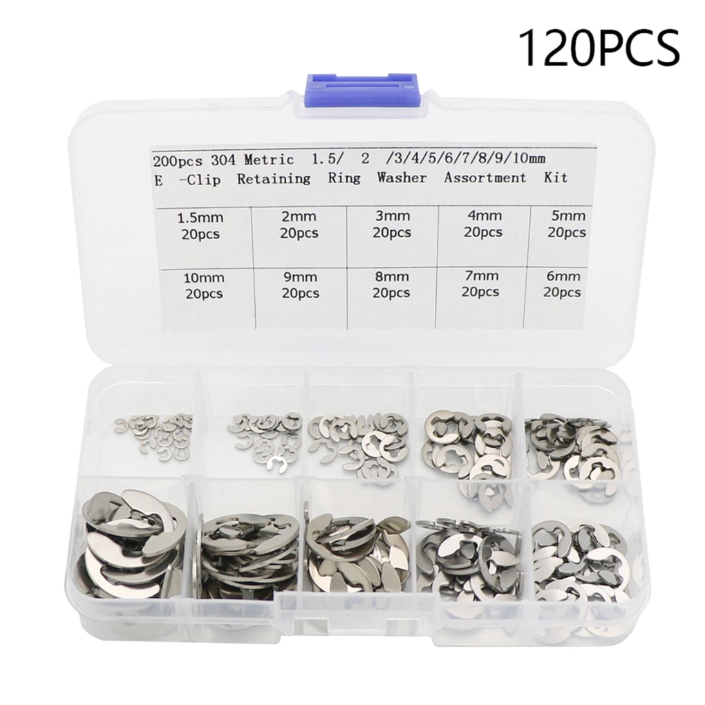 120Pcs 10 Size 304 Stainless Steel E-Clip Retaining Snap Opening Ring Circlip Kit 1.5/2 /3/4/5/6/7/8/9/10mm with Plastic Box 
