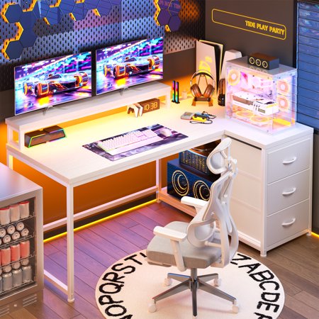 Computer Desk White Desk With Drawers l Shaped Desk with Monitor Stand Gaming Desk with LED Lights & Power Outlet for Gaming Room Home Office Bedroom 48 L x 32 W x 36 H