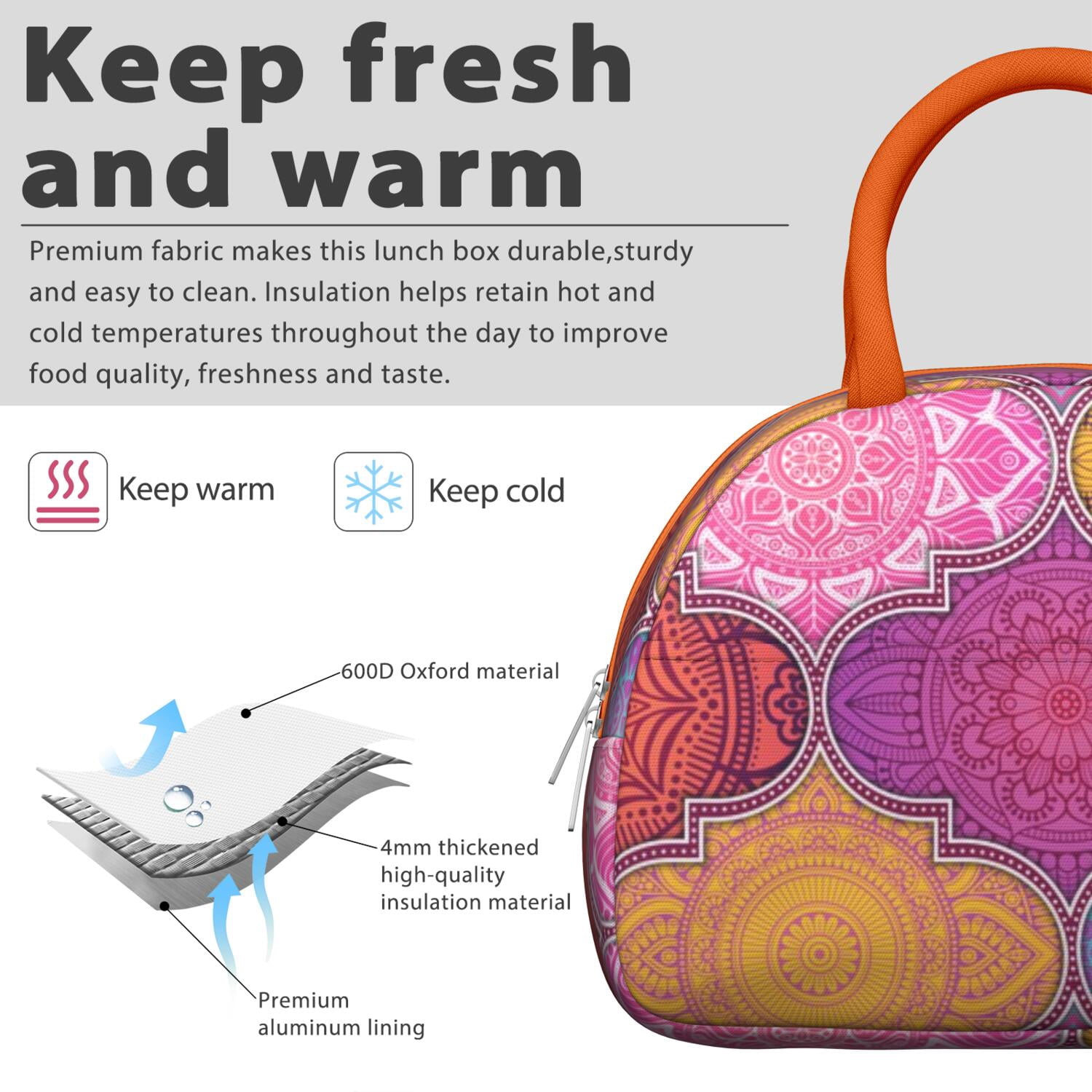 Boho Floral Lunch Bag for Women, Insulated Vintage Lunch Tote with Earthy Tribal Folk Style, Colorful Leakproof Lunch Box for Work, School or Travel