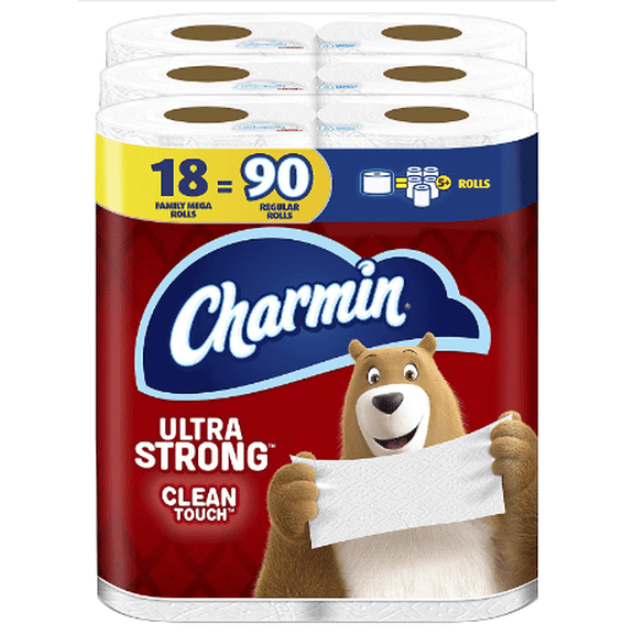 Charmin Ultra Strong Clean Touch Toilet Paper, 18 Family Mega Rolls = 90 Regular Rolls