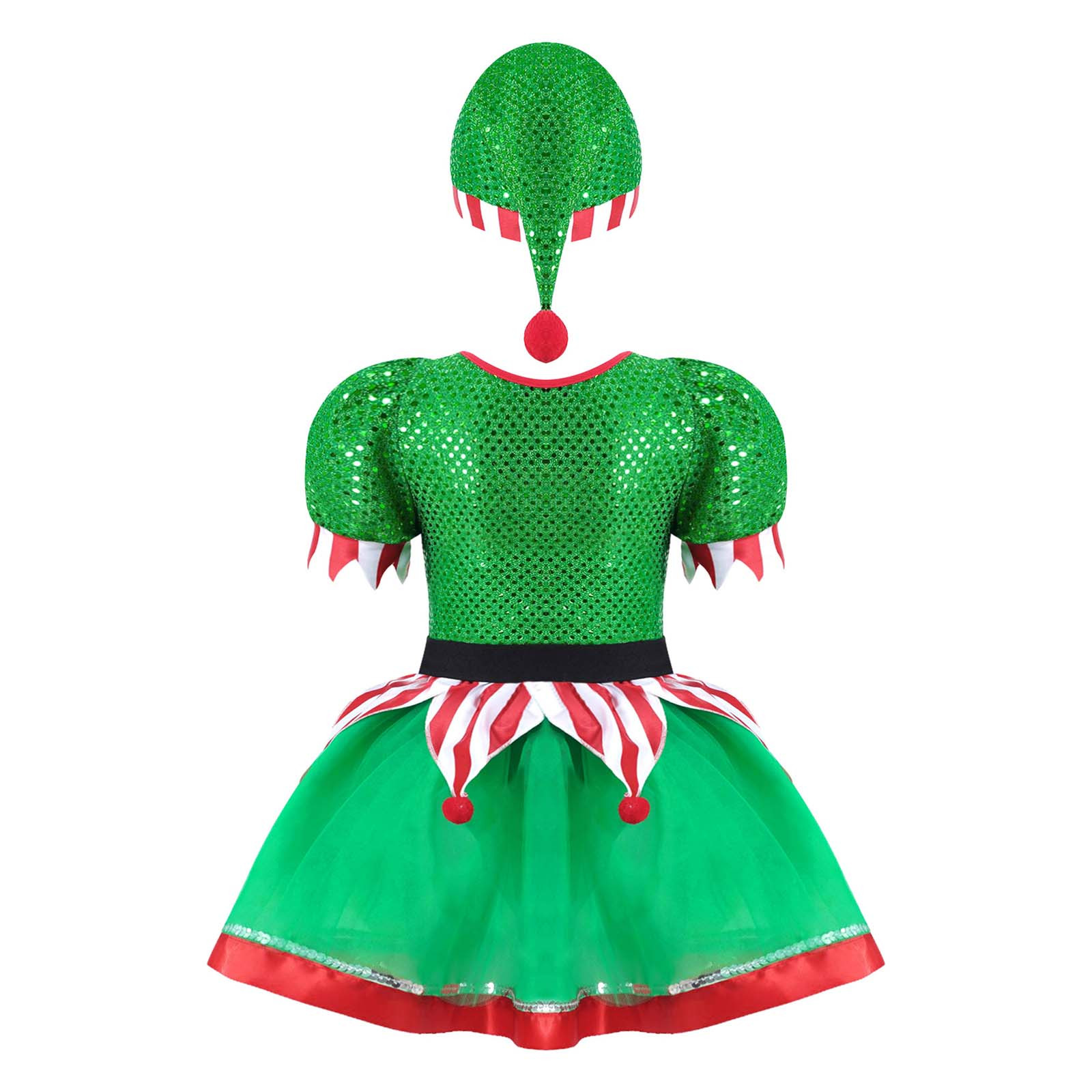 YiZYiF Kids Girls Christmas Elf Costume Figure Ice Skating Ballet Dance Tutu Dress with Hat Dancewear Green-A 2
