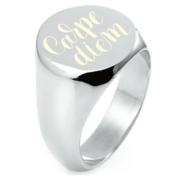 Sterling Silver Carpe Diem Calligraphy Engraved Round Flat Top Polished Ring