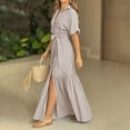 thumbnail image 4 of Xaqiouau Women Solid Color V Neck Short Sleeve Wrap Maxi Dress Waist Tie Front Slit Elegant Flowy Boho Chic Casual Vacation Daily Summer Dress Beige S, 4 of 5
