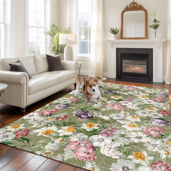 Spring Flowers Large Area Rugs 8x10 ft Vintage Oil Painting Pink White Purple Floral Leaf Sage Green Washable Rug Non Slip Indoor Carpet Absorbent Floor Mat for Living Room Bedroom Dining Room