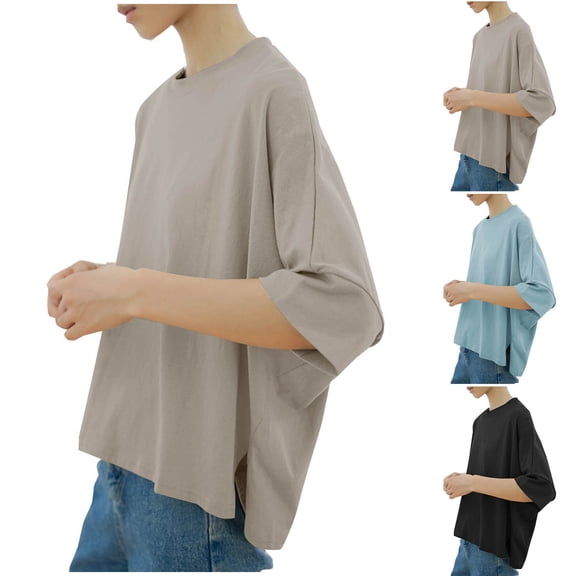 Antinious Sweatshirt for Women,Tops for Women Trendy,Ladies Solid T-shirt Loose Side Slit Short Sleeve Crewneck Blouses,Black,L