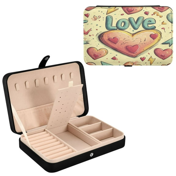 YAZAOO Leather Jewelry Box - Rectangular Heartfelt Whimsy Pattern 8.27x5.5x1.78in Black