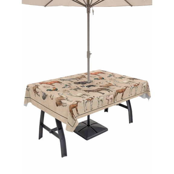 Outdoor Tablecloth with Umbrella Hole for Patio/Picnic/Party/Camping, Farmhouse Waterproof Table Cloth Rectangle Table Cover Washable, Vintage Country Farm Animals Brown (54"x 80")