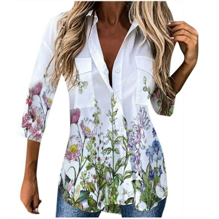 

Women s Button Down Hawaiian Shirt Long Sleeve Floral Print Casual Tunic Tops with Pockets Summer Beach Cover up Blouse