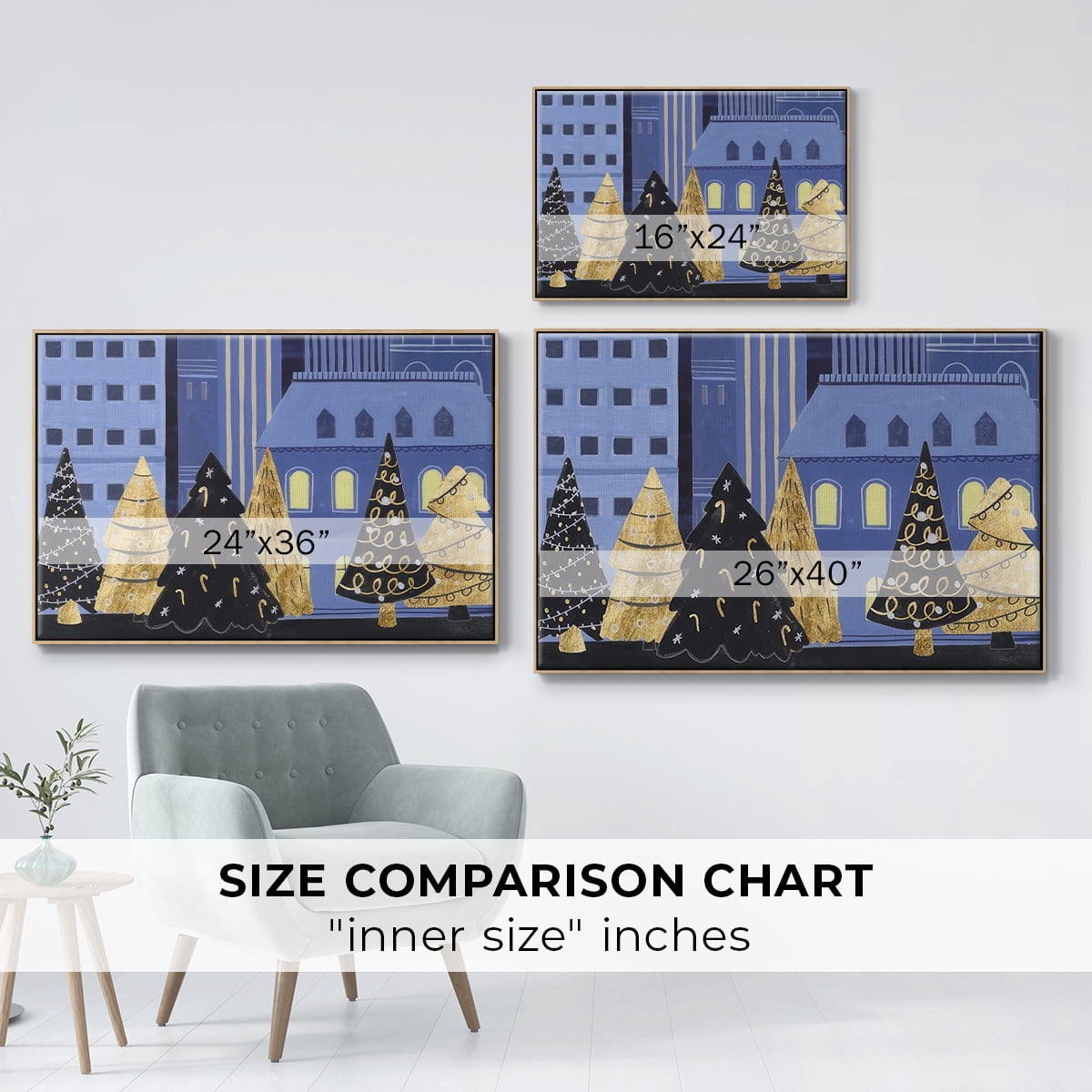 Holiday Night Collection A - Framed Gallery Wrapped Holiday Canvas - 17 x 25 - Natural Wood Frame