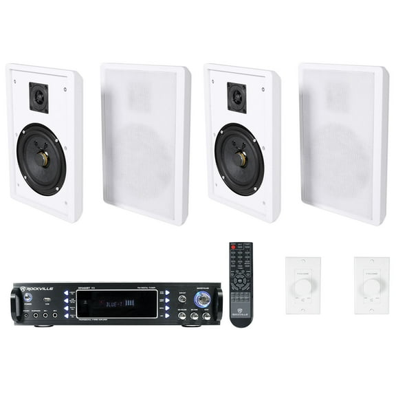 Rockville 2-Room Home Audio Receiver (4) White 5.25" Wall Speakers Wall Controls