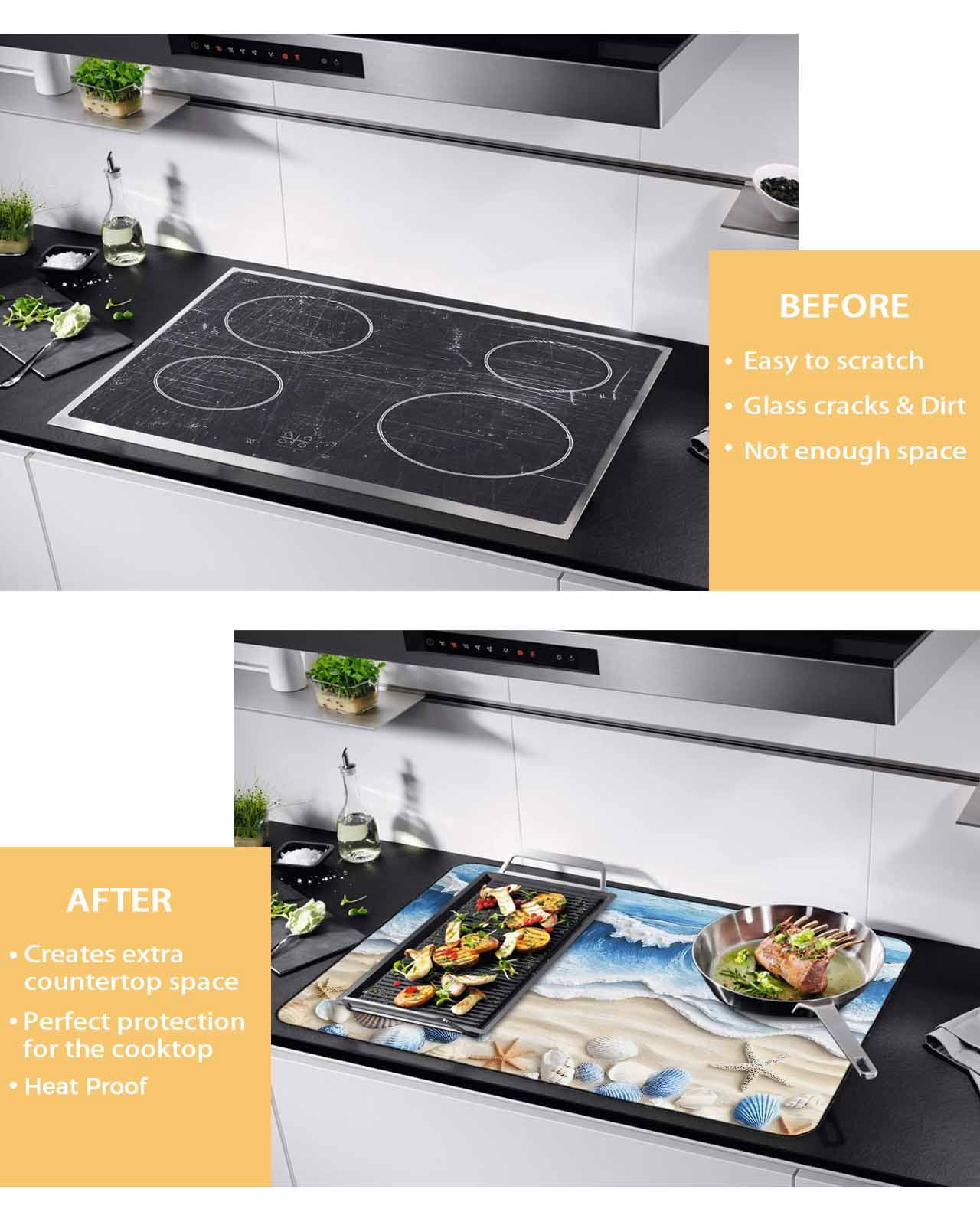 nqOlkjepod Large Induction Cooktop Protector Mat 36"x21", Coastal Blue Stove Top Covers for Electric Stove, Starfish Beach Ocean Shell Sand Painting Stove Burner Cover Mats, Glass Top Stove Cover