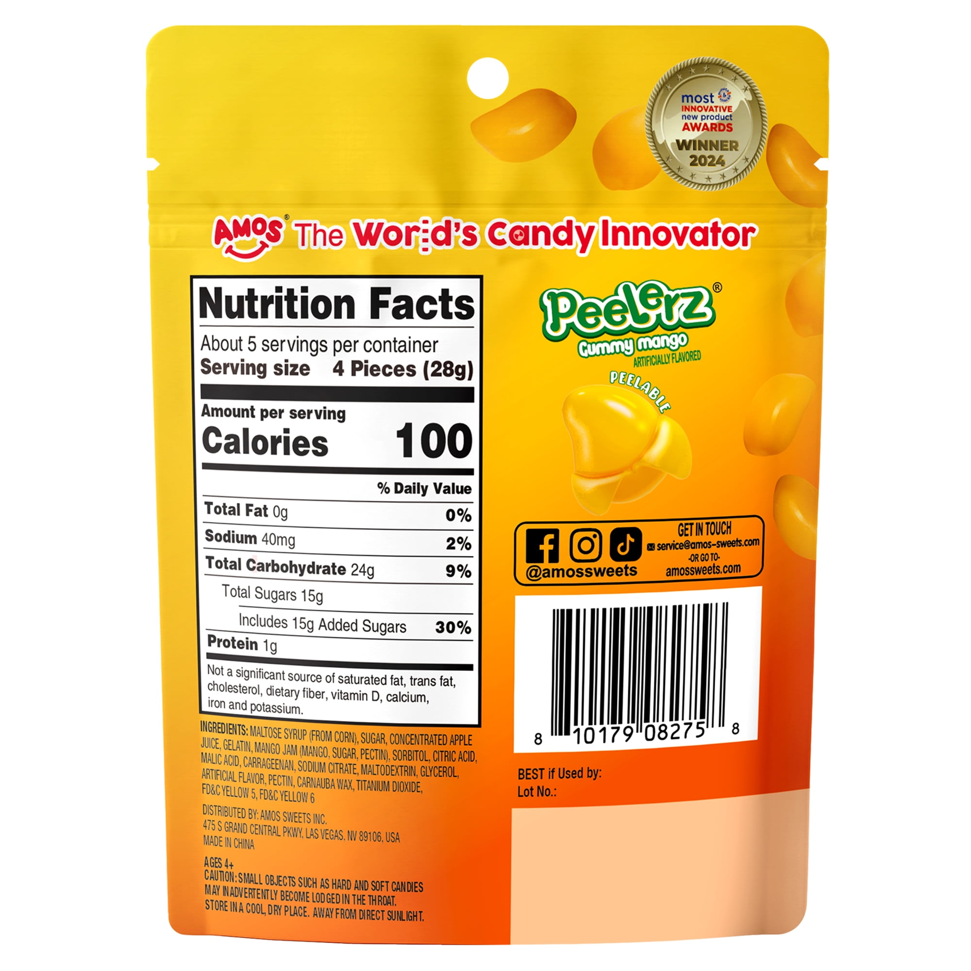 AMOS Peelerz Mango, Peelable Gummy Candy, Real Fruit Flavor, 1 Count, 5 oz Bag