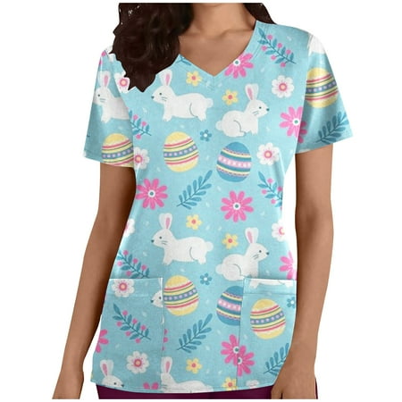 

Women s Happy Easter Day Working Uniform with Two Pockets Scrub_Tops V Neck Workwear Blouse Vintage Lady Cute Eggs Bunny Rabbit Pattern Tees Woman Summer Tunic Short Sleeve Western Shirts Blue S