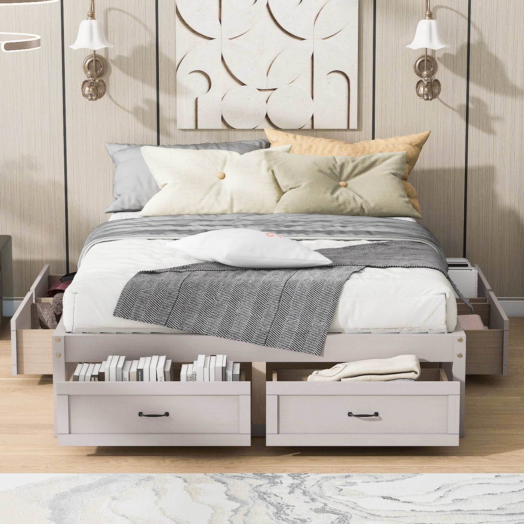Euroco Wood Queen Size Platform Bed with 6 Drawers for Kids Teens Adults, Antique White