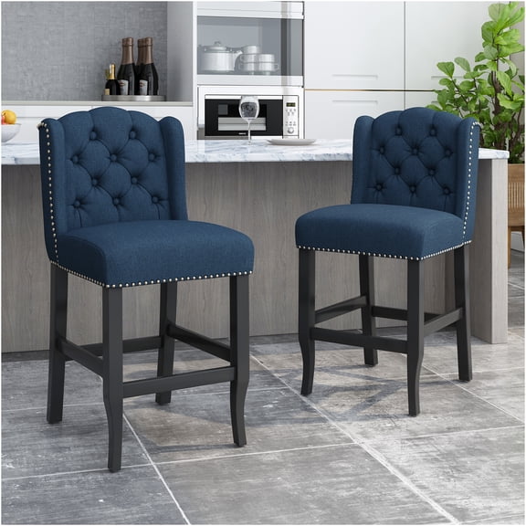 JERFIT Navy Blue Wingback Counter Stools Set of 2, Button Tufted Fabric Bar Stools with Nailhead Trim, Rubberwood Legs for Kitchen Island, Breakfast Nook