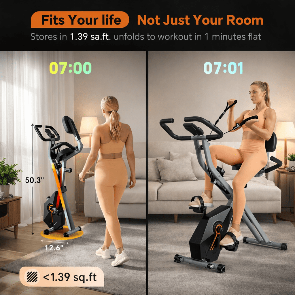 USLIM Foldable Exercise Bike for Home Cardio Workouts, 16-Level Magnetic Resistance, Resistance Bands, Backrest, LCD, 300 lb Capacity