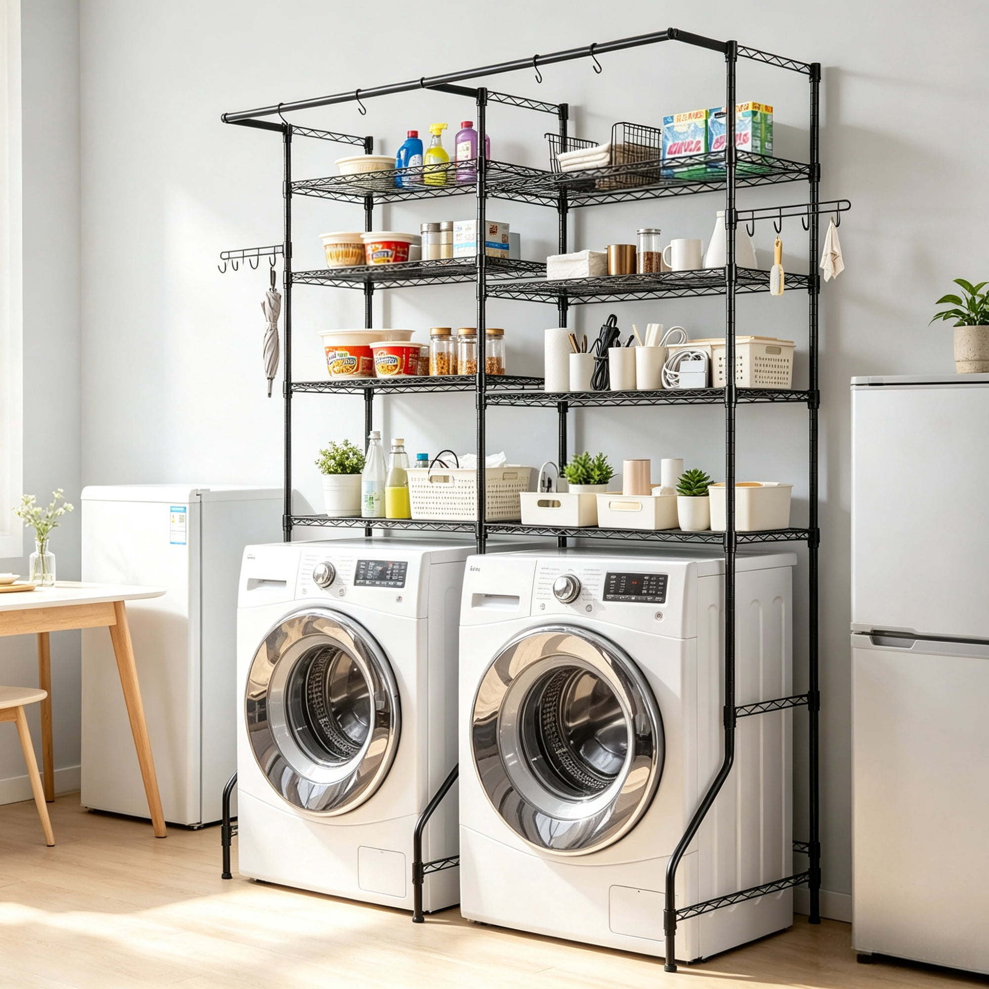 6-Tier Over Washer and Dryer Storage Shelves, Adjustable Laundry Room Organizer with Hanger Rod & Hooks