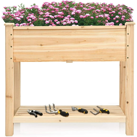 QRKD Raised Garden Bed with Storage Shelf, Elevated Cedar Wood Planter Box with Legs, Outdoor Gardening Planting Bed for Vegetables Flower Herb Grow, Great for Backyard Patio Lawn
