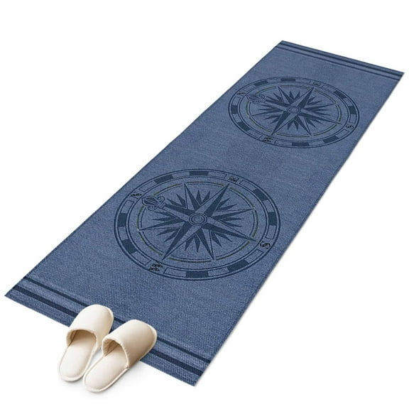Nautical Compass Runner Rug 2x6 FT, Non Slip Hallway Carpet, Navy Blue Striped Coastal Compass Washable Soft Floor Carpet Throw Runner Carpet Long Rug for Entryway Kitchen Bedside Sliding Door