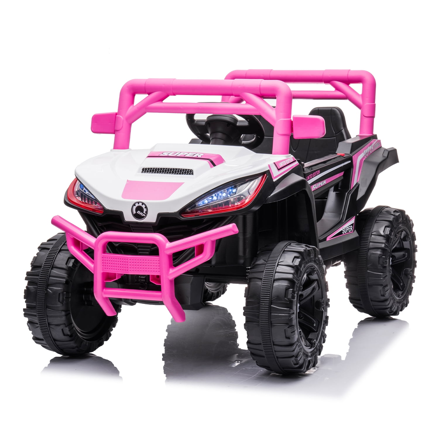 CIPACHO 12V Powered Ride Ons Four Wheel Drive Leather Electric Kids Car with R/C, Seat Belt four Wheel Absorber, Pink