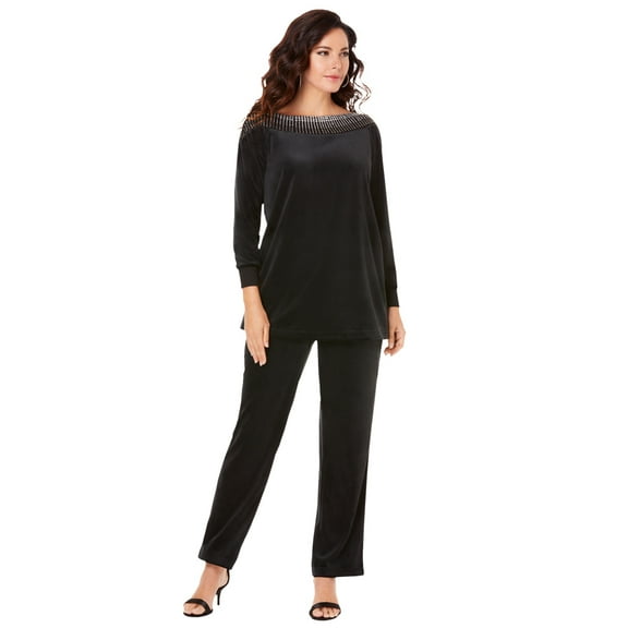 Roaman's Women's Plus Size Rhinestone-Detailed Velour Set