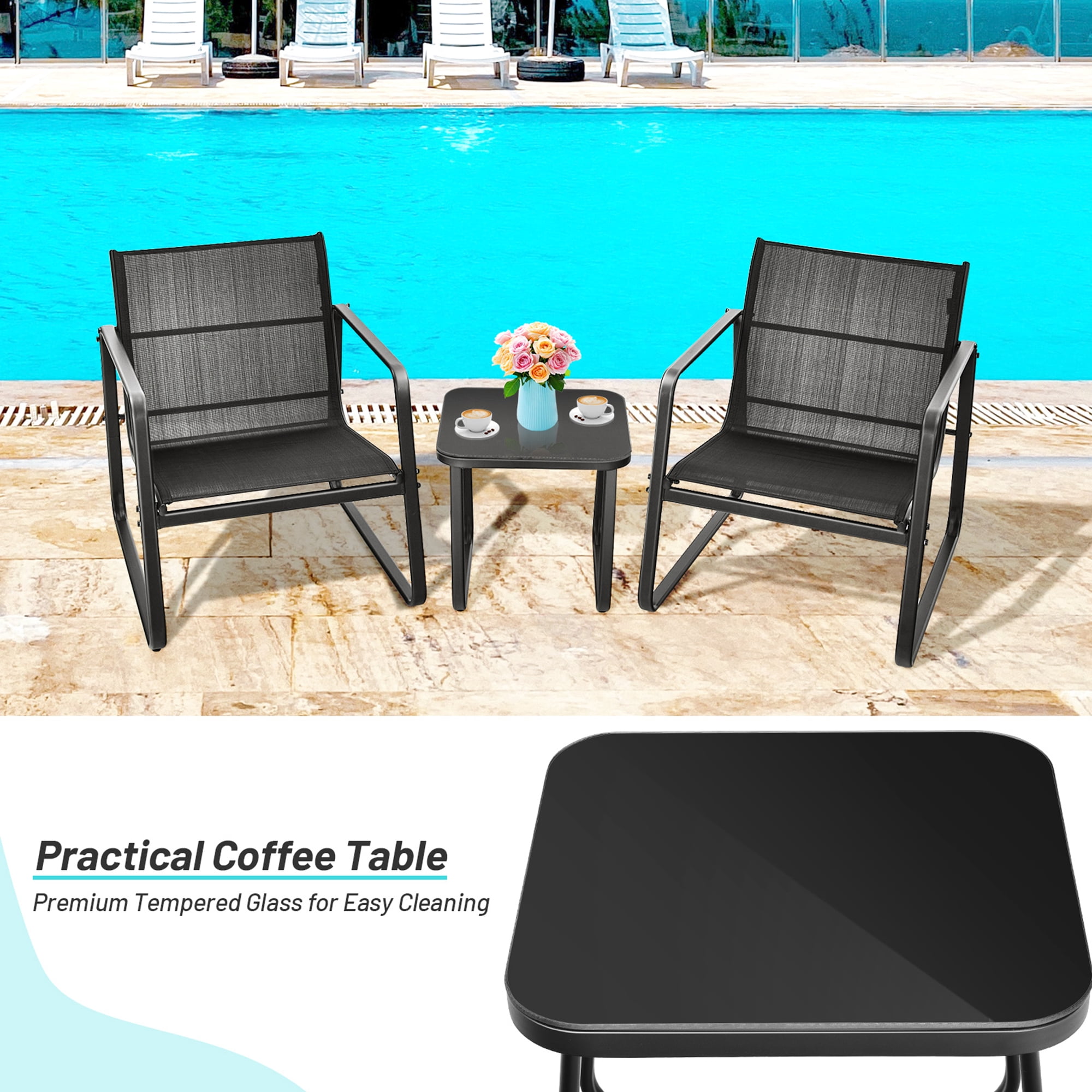 Gymax 3PCS Patio Bistro Set Conversation Furniture Set w/ Fast-Drying Fabric