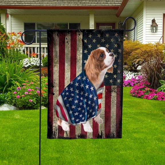American Flag with Cavalier King Charles Spaniel Dog stand under the cross Patriot Patriotic 4th of july House Flag, Double-Sided Decorative Outdoor Flag, Patriotic Polyester Yard Flag 29.5 x 39.5 in