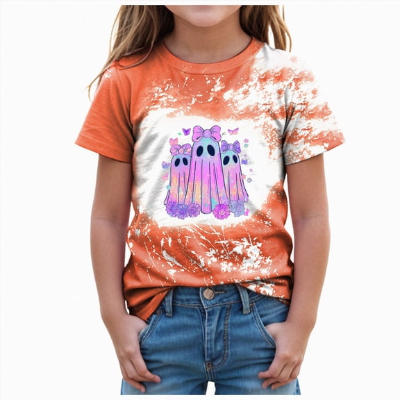 xaweyi Halloween Girls Short Sleeve T Shirt Cute Ghost Graphic Crew Neck Fall Holiday Tee,Sizes 5-6 Years