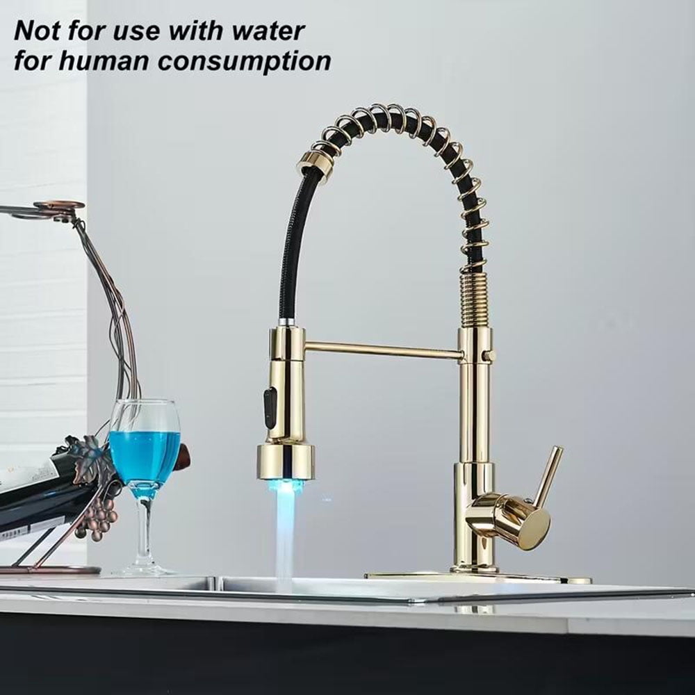 Brushed Gold led Kitchen Sink Faucet Single Handle w/Pull Down Sprayer LED Mixer Tap w/cover plate