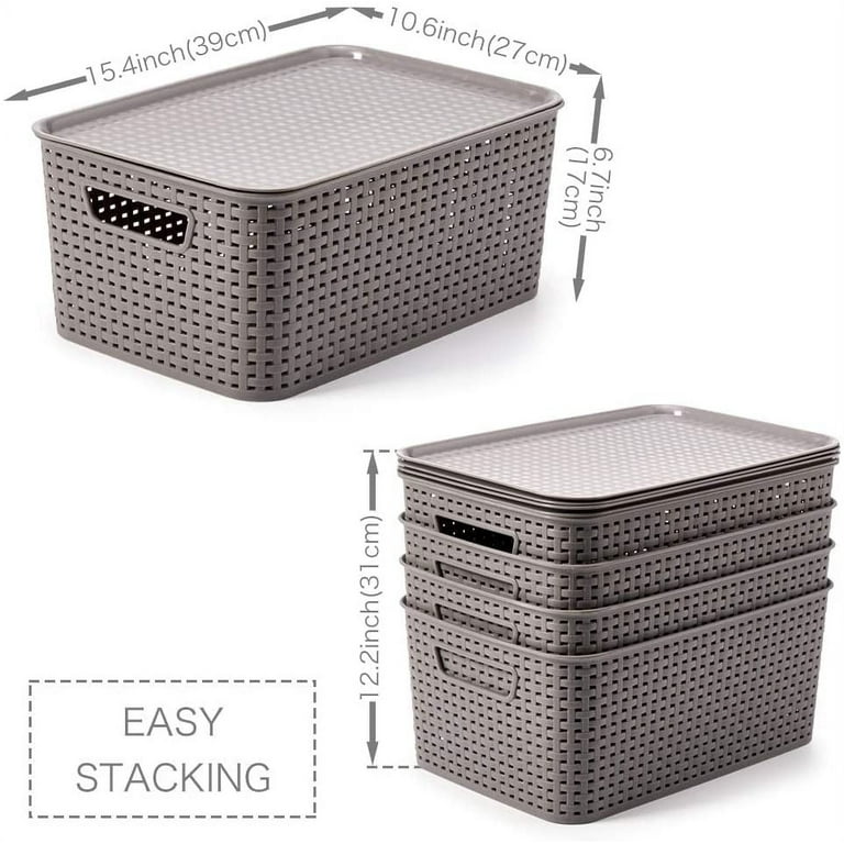 EZOWare Large Plastic Baskets with Lid, Stackable Lidded Knit Household Storage  Organizer Bins - Pack of 4, 15.4 x 10.5 x 6.7 