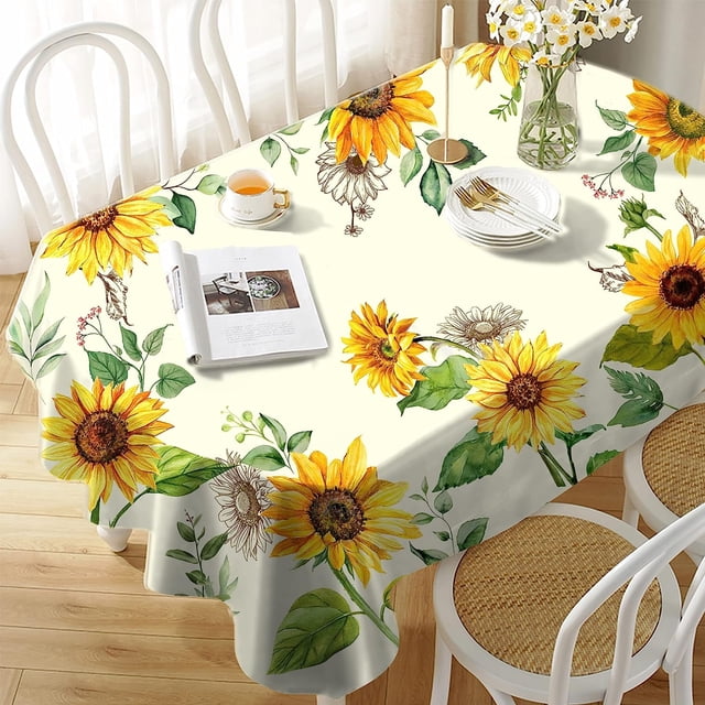 Nappe Ovale Tournesol 60x102 Pouces, Imperméable Résistante aux Plis Polyester Durable Couverture de Table Printemps Été Aquarelle Florale pour Intérieur et Extérieur, Cuisine de Vacances Salle à Manger et Fêtes