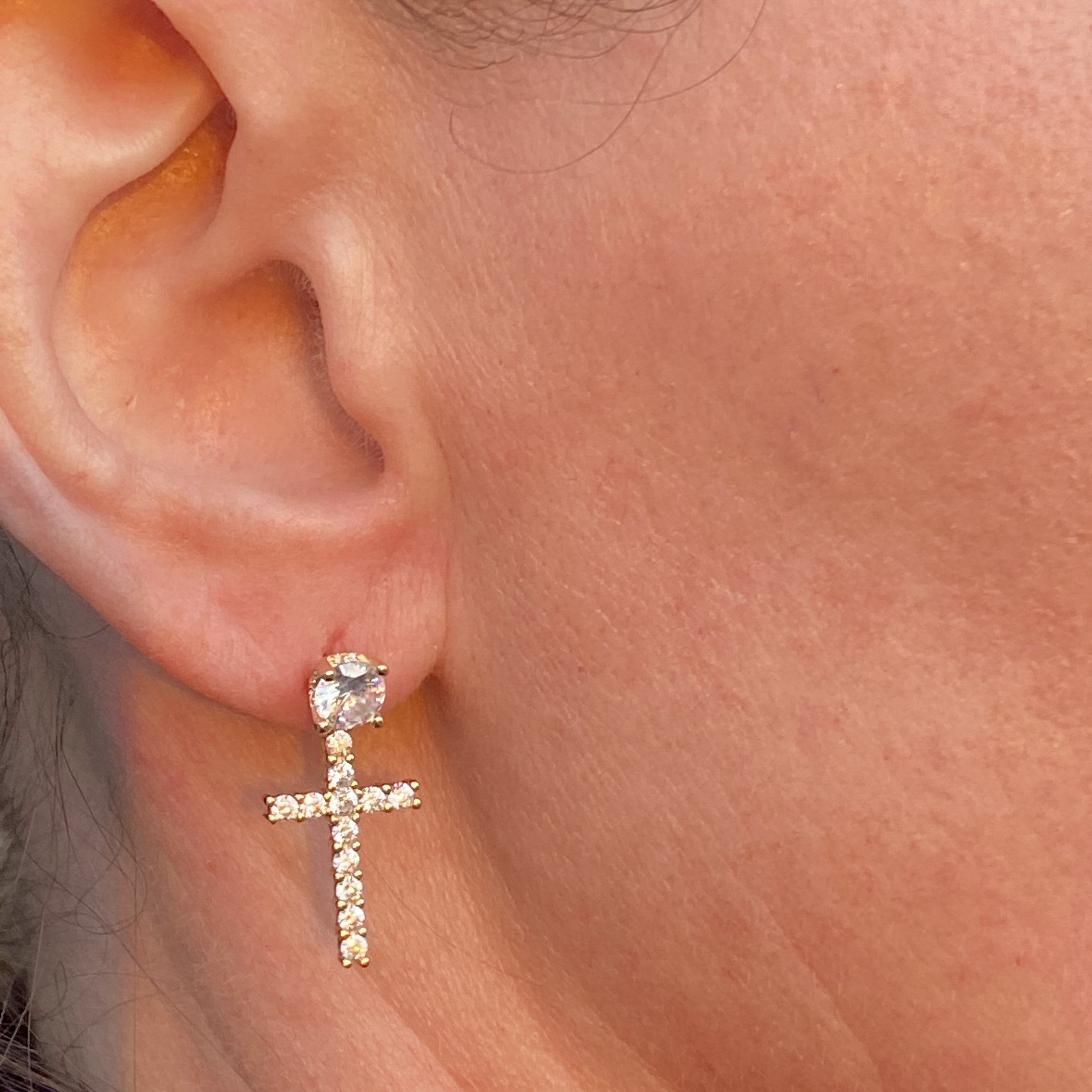 14k Gold Plated over Real Solid 925 Sterling Silver Dangle Cross Bling Studs Iced Hip Hop Screw Back Earrings