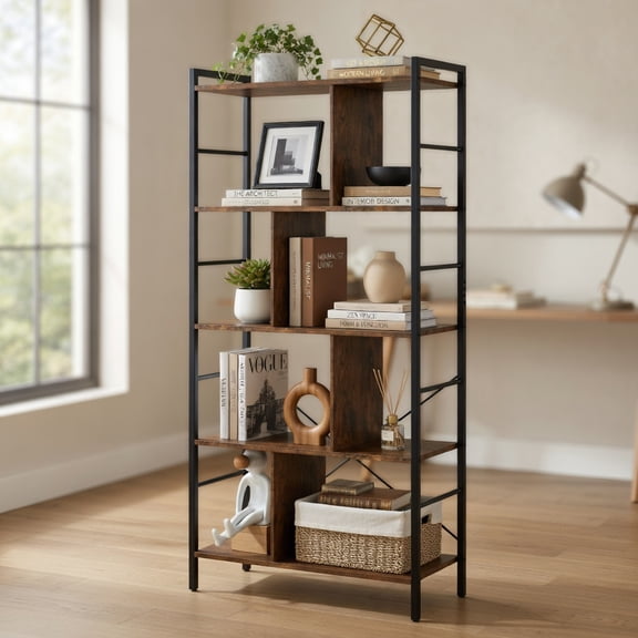 Resenkos 61 Inch Tall 5-Tier Bookcase, Industrial Bookshelf with Metal Frame for Home, Office, Living Room, Rustic Brown and Black