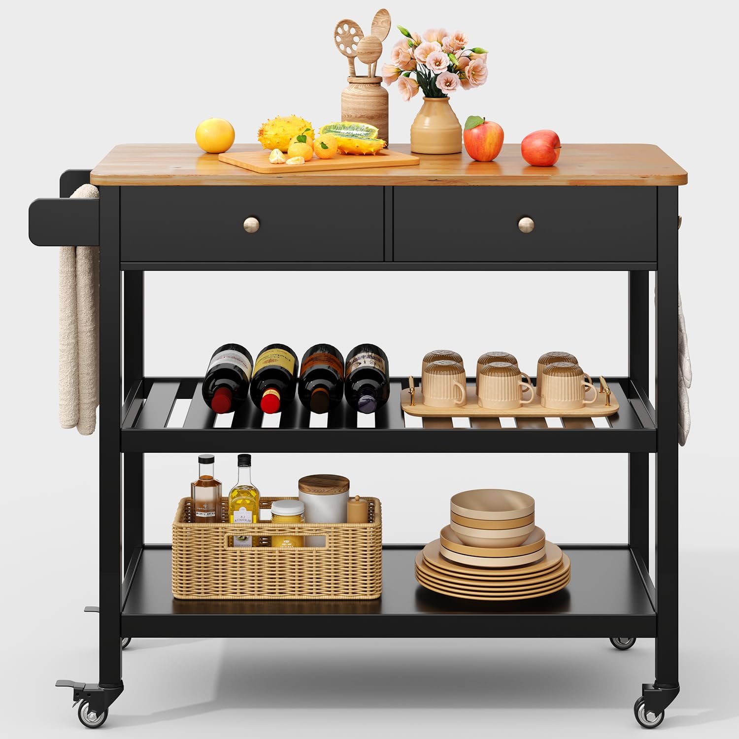 Kitchen Island Cart with Storage, Small Kitchen Island on Wheels, Black
