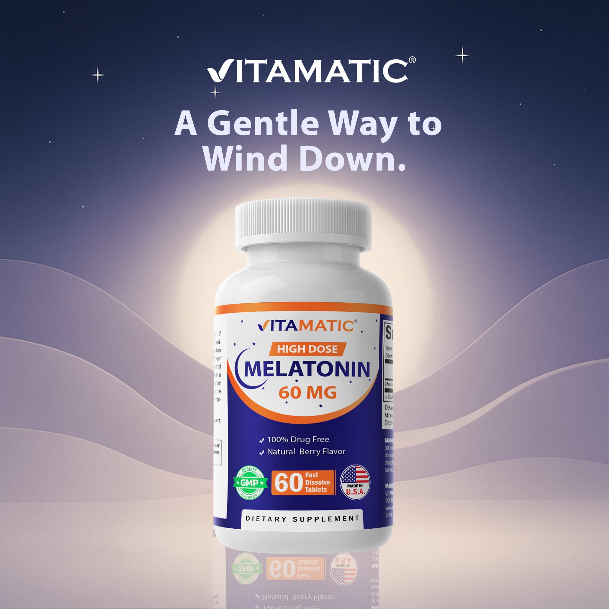 Vitamatic Melatonin 60mg Fast Dissolve Tablets - 60 Vegan Natural Berry Flavor Tablets - Non-Habit Forming - Non-GMO, Gluten Free (3 Bottles)