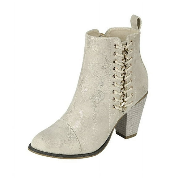 Forever Link Camilia-68 Champagne Mid Heel Lace Design Side Zip Ankle Booties (Champagne, 5)