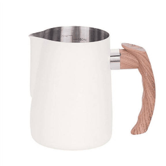 600ml Espresso Milk Frothing Pitcher Wooden Grain Handle Milk Jug Espresso Cup Cappuccino Pitcher Creamer Cup White,1 * Milk Frothing Pitcher,White