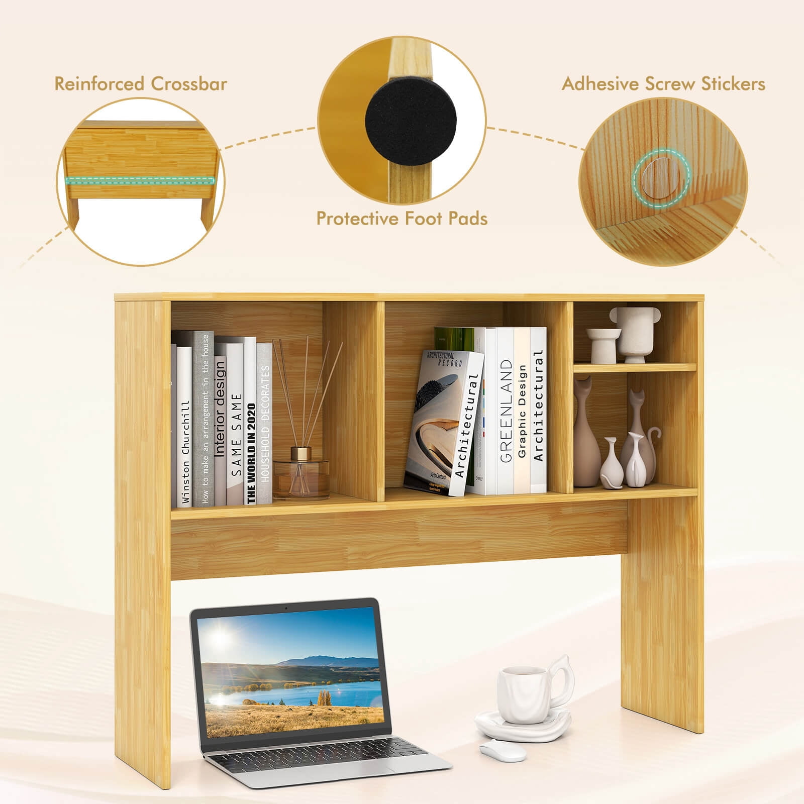 Costway Computer Desktop Bookcase Countertop Storage Bookshelf Organizer with 4 Cubbies Beige