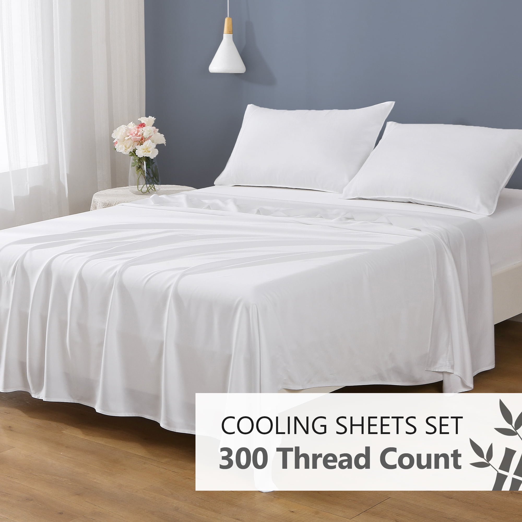 L Linen World 100% Viscose from Bamboo Lyocell Sheets Set Queen Size,Cooling Bed Sheets Set,Deep Pocket Up to 16", 4 Pieces Silky Soft, Breathable Bedding Sheets & Pillowcases(White,Queen)