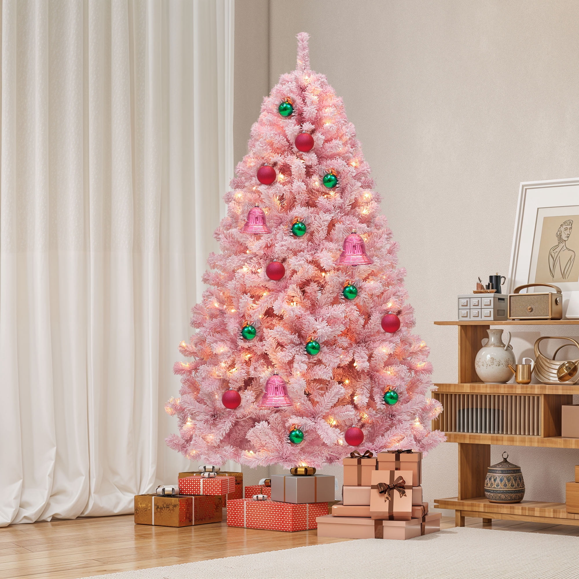Uforic 6ft Pre-Lit Pink Artificial Christmas Tree, Flocked Spruce Artificial Christmas Tree with 928 PVC Tips and 250 Lights, Pink