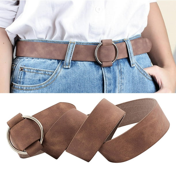 Girls women PU leather belt with round buckle waistband without prong Brown
