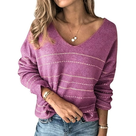 STARVNC - Women Stripes V Neck Long Sleeves Knitted Top - Walmart.com ...