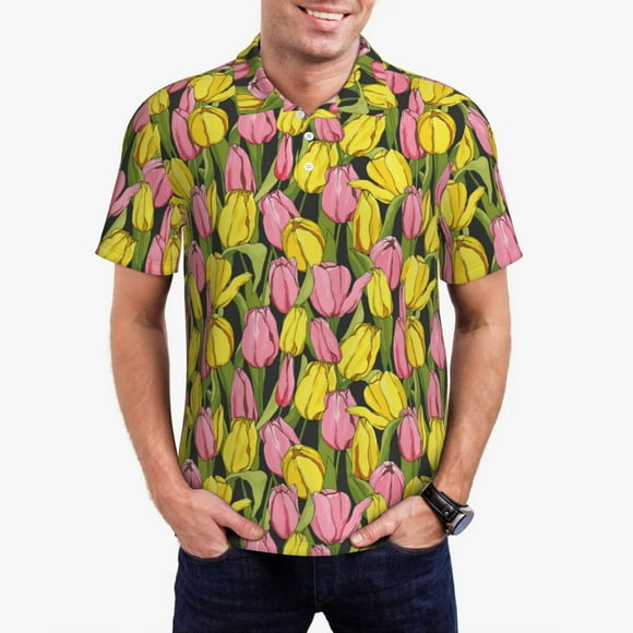 KLL Tulipes Imprimé Fleurs Polo de Golf à Manches Courtes pour Hommes, Polo à Trois Boutons Mode Été Chemise de Golf-Moyen