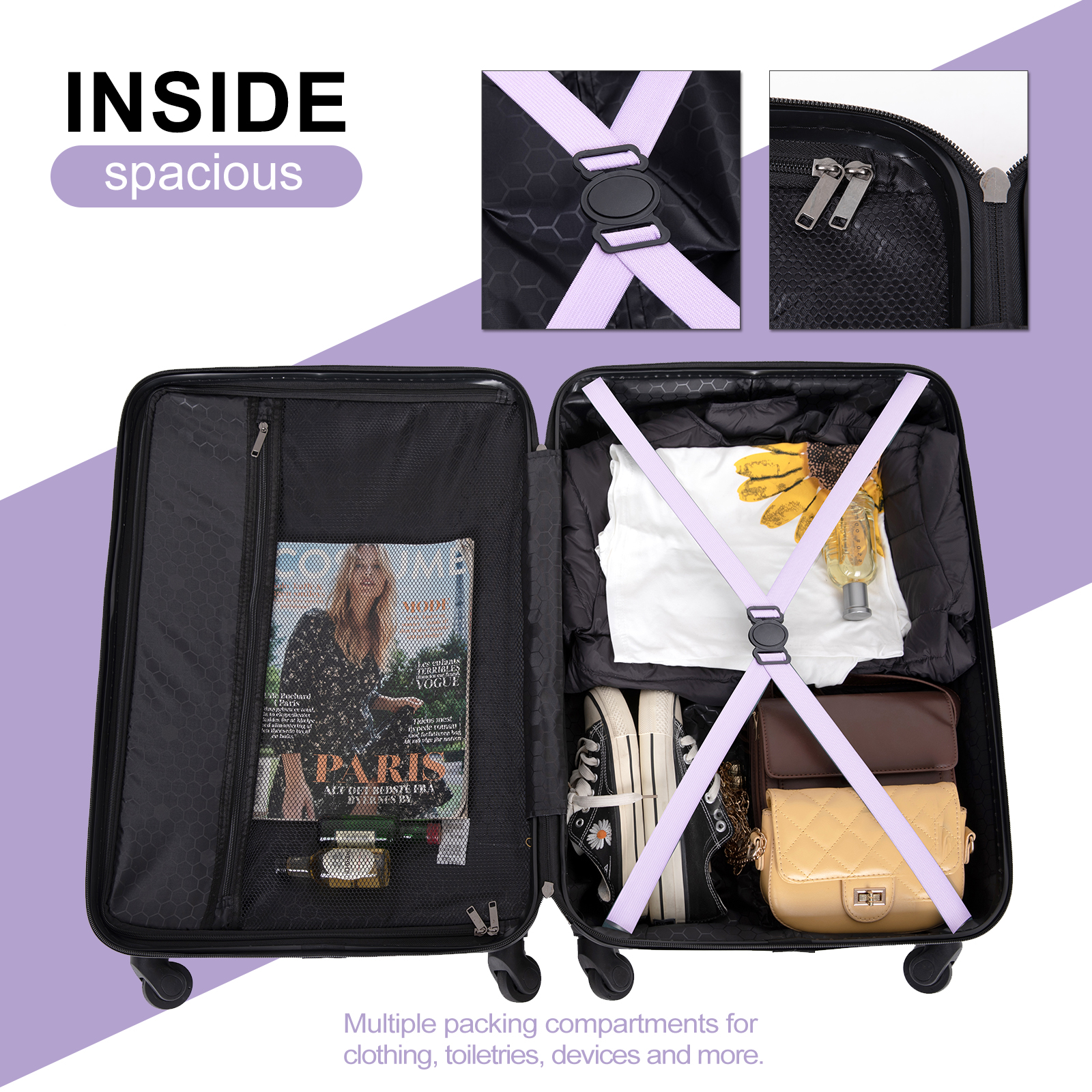 Travelhouse 3 Piece Hardside Luggage Set Hardshell Lightweight Suitcase with TSA Lock Spinner Wheels 20in24in28in.(Light Purple) - image 3 of 8