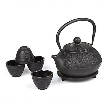6 piece Japanese Cast Iron Pot Tea Set Black w/ Trivet