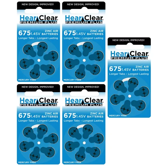 HearClear Size 675 Zinc Air 1.45V Hearing Aid Batteries Blue Tab (30 Batteries)