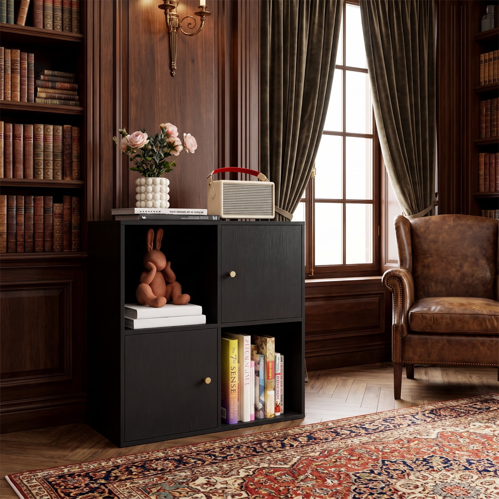 Furnibear 4-Cube 3-Tier Bookcase with 2 Cabinets Dual Anti-Tipping Kits and Metal Knobs for Living Room and Home Office, Black