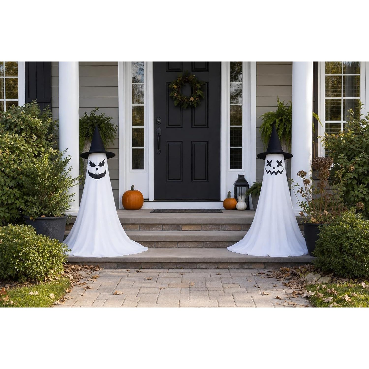 Lighted Halloween Ghost Decoration, 2-Piece Set with Adjustable Height 43-63 in, 6 Lighting Modes, Timer, Remote, Interchangeable Face Stickers, Indoor Outdoor Yard Decor