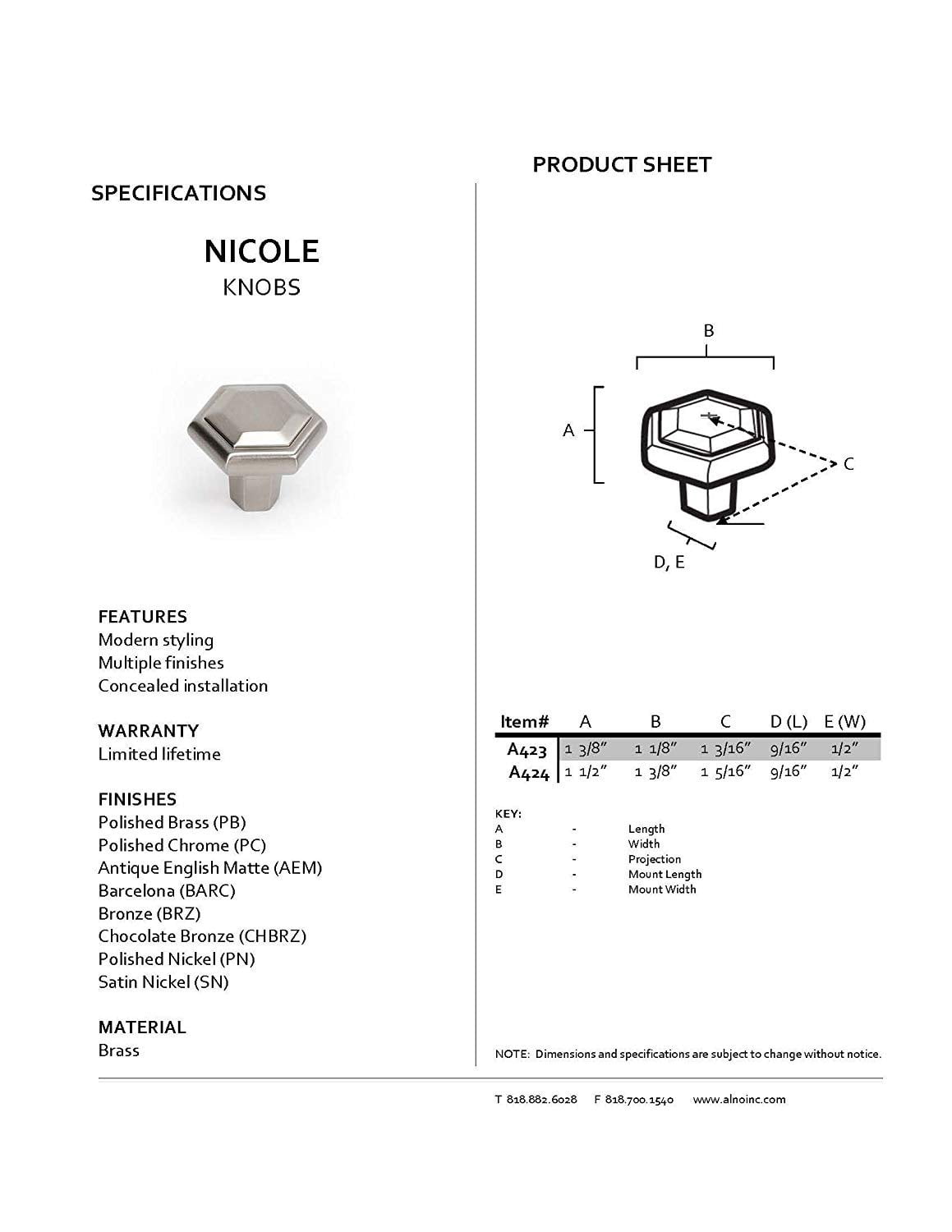 Alno A423-BARC Nicole Cabinet Hexagon Knob Barcelona